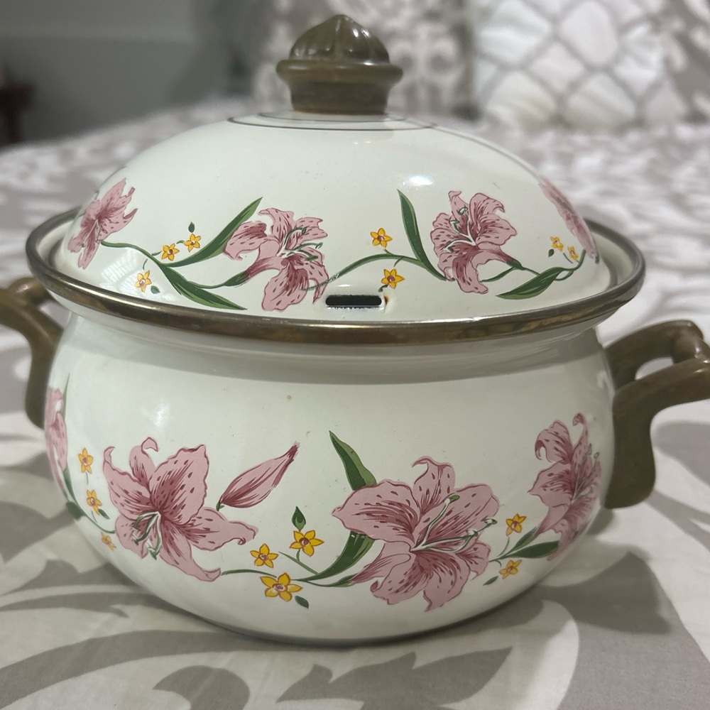 Vintage Normandy Enamel Pot with Lid